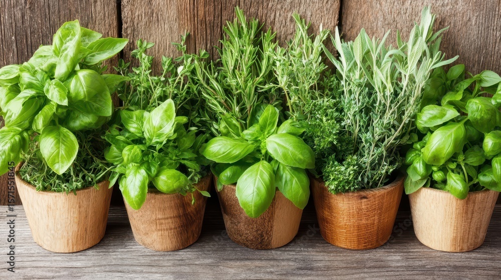 Fototapeta premium Fresh Herb Garden Display in Small Wooden Pots on Rustic Background
