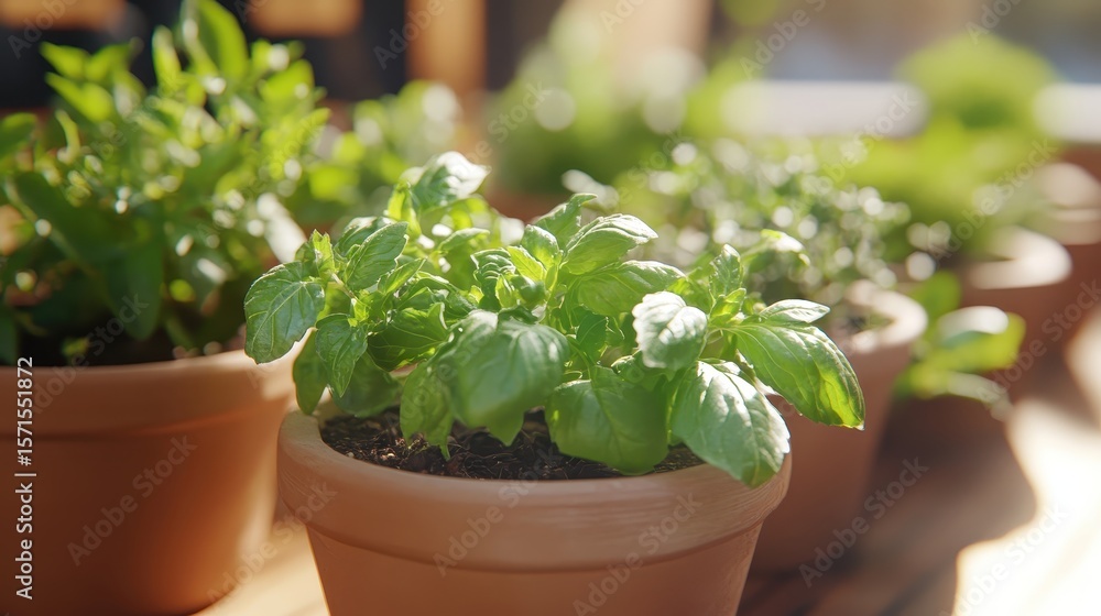 Fresh Herb Garden with Green Leaves in Terracotta Pots on Windowsill Fresh Herb Garden with Green Leaves in Terracotta Pots on Windowsill
