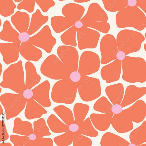 Big coral color vector flowers - seamless hand drawn pattern