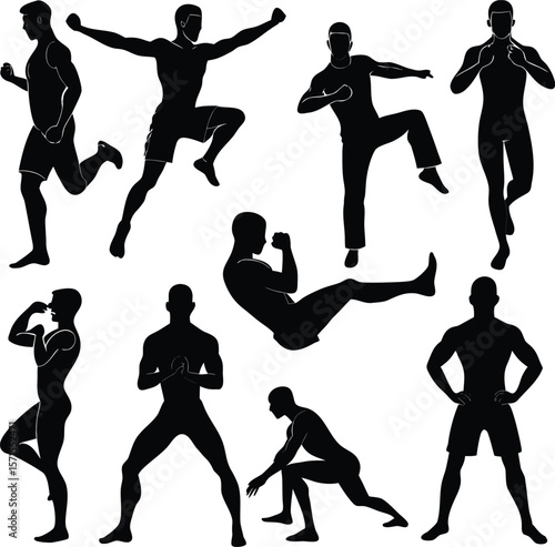 Silhouette of Athletic Men in Various Workout and Fitness Poses