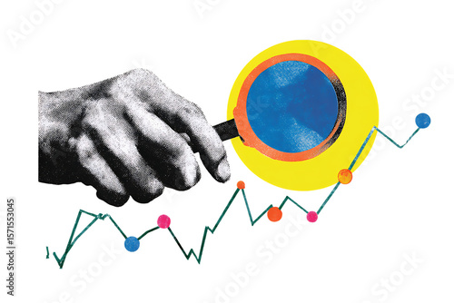 Hand with magnifying glass over graph. Concept of market research, analysis and growth.