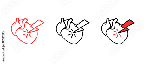 Heart shapes with lightning, symbolizing shock or strong feelings, in red, black, and white.