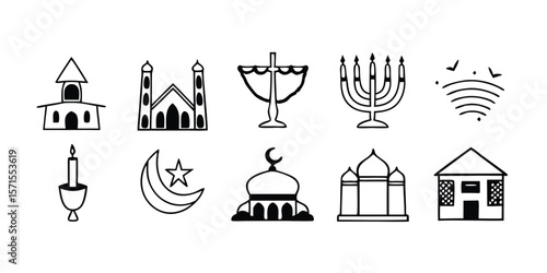 Comprehensive icon set featuring diverse cultural and religious symbols perfect for representing global traditions beliefs and heritage in designs related to diversity education and international