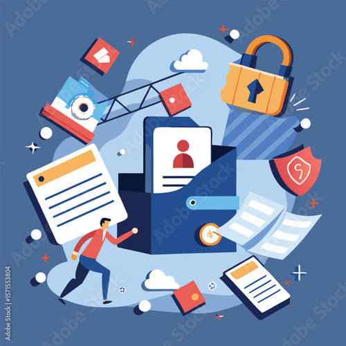 Secure document storage and data protection with padlock and shield illustration