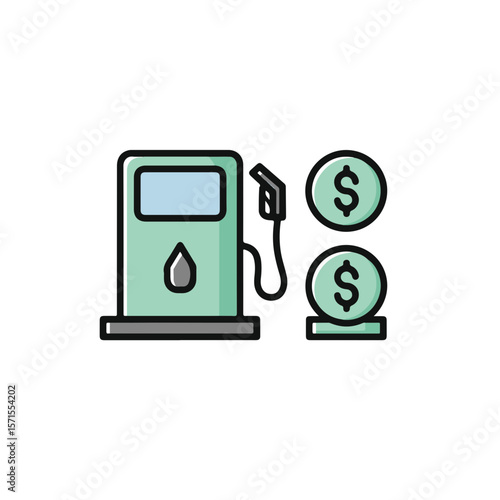 Gas pump icon and coins, Fuel expense concept.