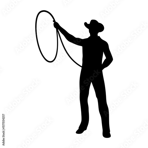 Silhouette of a cowboy holding a lasso ready to throw, in black