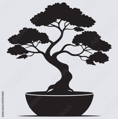 bonsai tree silhouette vector art illustration, bonsai tree isolated on white