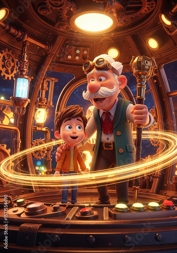 Cartoon Boy and Inventor Inside Magical Steampunk Time Machine with Glowing Energy Swirl. Generative AI