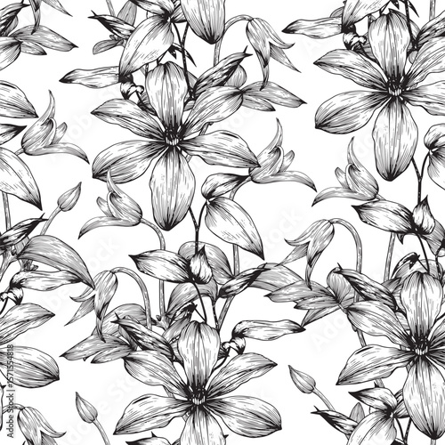 Floral vintage seamless pattern flowers of Clematis black and white. Hand drawn illustration. Vector background for design wedding, packaging, textile, wrapping paper, wallpaper, Fashion apparel
