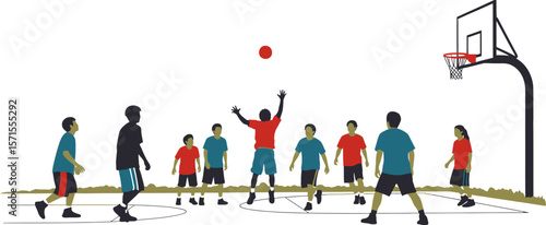 Basketball game illustration of kids playing basketball on outdoor court art