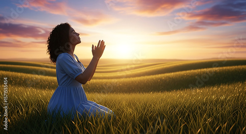 A woman kneels in a field, facing the sunset.