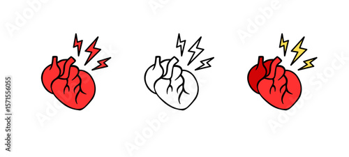 Bold hearts in red and black with lightning symbols convey strong emotions. some are outlined, others filled.