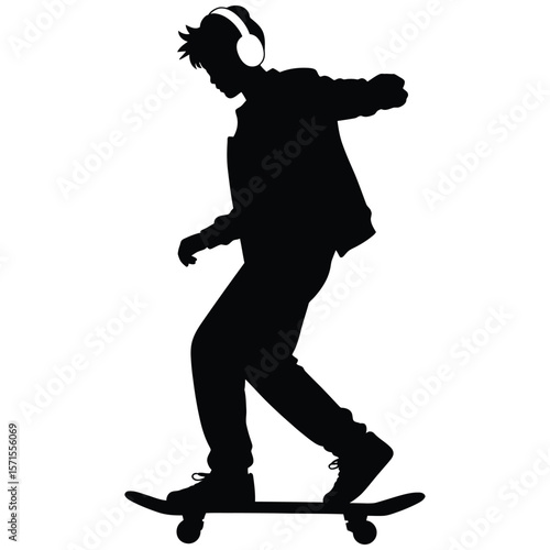 Retro vector silhouette of young person with headphones and skateboard mid-stride with palm tree in urban skate park background