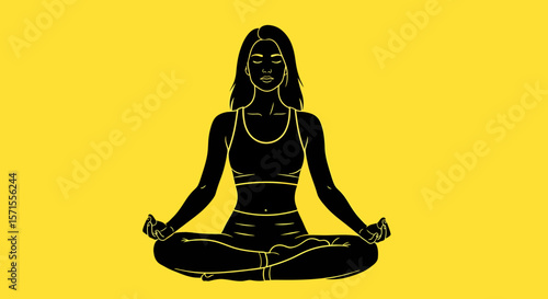 Black Silhouette of a Woman in Lotus Position with Eyes Closed.