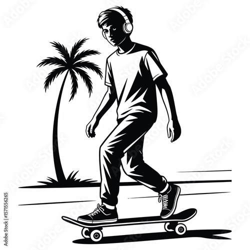 Retro vector silhouette of young person with headphones and skateboard mid-stride with palm tree in urban skate park background