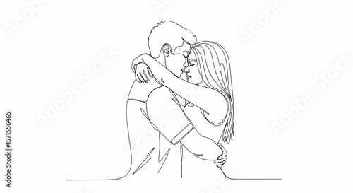 Continuous Line Drawing of a Couple Embracing with Foreheads Touching.
