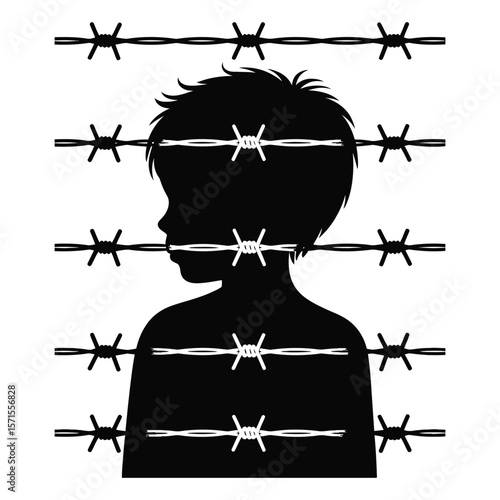 Silhouette vector of a child behind barbed wire for awareness design on black and white background