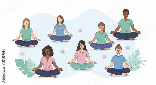 Diverse group meditating in lotus position with serene expressions and floral accents.