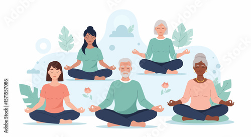 Diverse group of people meditating in lotus position with closed eyes.