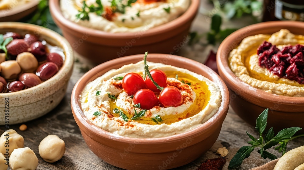 Fresh Mediterranean Dips with Colorful Ingredients and Herbs Fresh Mediterranean Dips with Colorful Ingredients and Herbs