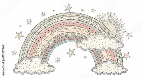 HandDrawn Rainbow with Clouds Sun and Stars in Pastel Colors.