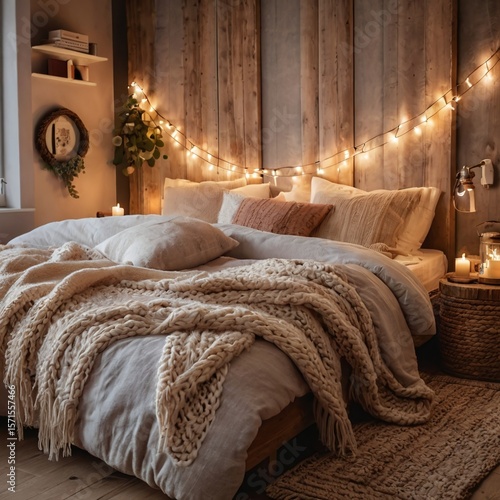 Cozy Rustic Bedroom with Fairy Lights and Knitted Blanket