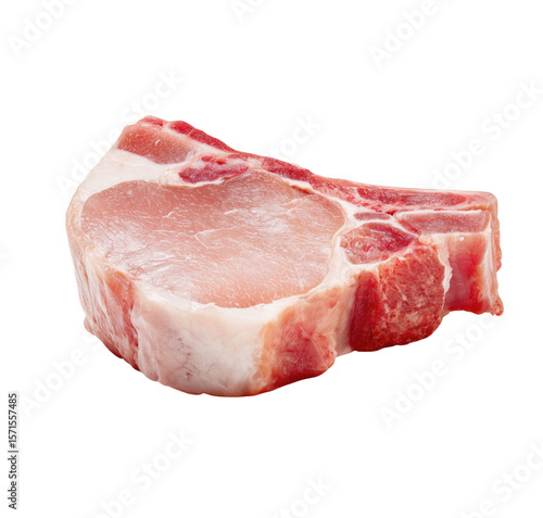 A fresh raw bone-in pork chop with juicy red meat isolated on black background