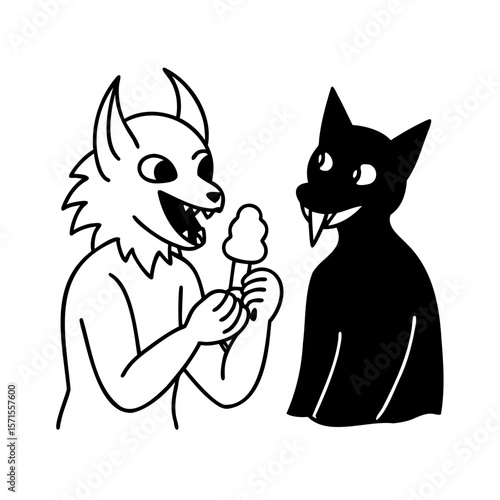 Handdrawn two cartoon creatures one holding cotton candy on a stick monster wolf