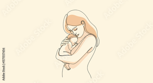 Minimalist Line Art Mother Embracing Newborn Baby with Gentle Affection.