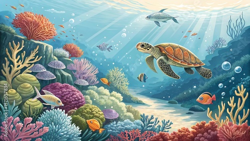 Fototapeta Naklejka Na Ścianę i Meble -  Underwater ocean life scene with sea turtle coral reef and colorful fish illustration for kids and education