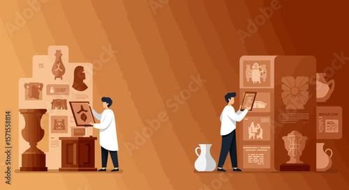 Curators at Work: Two curators, focused and methodical, examine historic artifacts in a museum gallery, adding depth to the narrative of the exhibits.