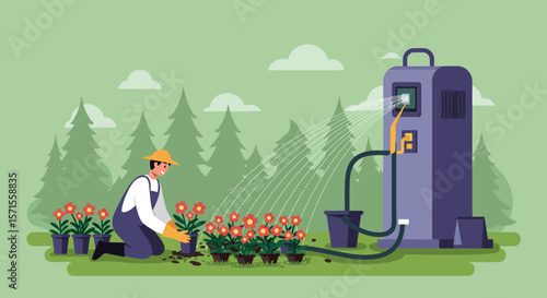 Watering the Blooms: A dedicated gardener carefully tends to vibrant flowers. Using an advanced automated watering system in a beautiful green environment.