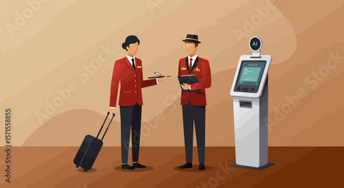 Hotel Staff at Service: Two uniformed hotel staff stand attentively, one holding a tray and the other with a notepad, next to a self-service kiosk, ready to assist guests.