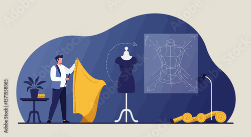 Fashion Design Studio: A skilled designer meticulously crafts and drapes a fabric, embodying the artistry and innovation of fashion design within a modern studio setting.