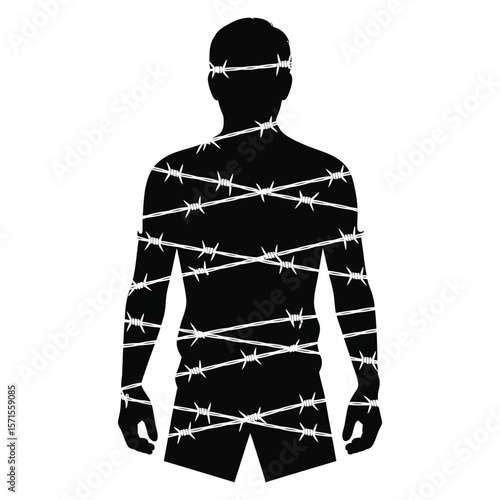 Silhouette vector of human shadow behind barbed wire symbolizing enforced disappearance on black and white background
