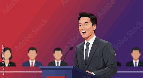Engaging Oratory: An illustration capturing a charismatic orator delivering a passionate speech with an expression, framed by an audience.