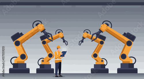 Robotic Assembly Line: In a modern factory setting, a lone engineer meticulously monitors two advanced robotic arms as they perform automated tasks, symbolizing innovation.