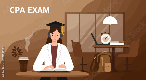 CPA Exam Study: A focused individual diligently prepares for the Certified Public Accountant exam, surrounded by the tools of studying and dedication. 