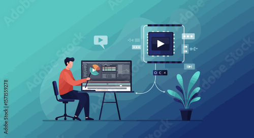 Digital Creative at Work: A digital creative meticulously crafts visuals on a cutting-edge computer setup, seamlessly merging technology and artistry. 