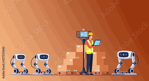 Warehouse Automation and Technology: A worker supervises the operation of intelligent robots in a modern warehouse, signifying progress, automation.