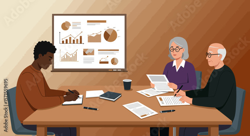 Business Collaboration and Analysis: A focused meeting of three individuals in a modern workspace, engaged in collaborative discussion, analyzing data and charts, and making strategic decisions.