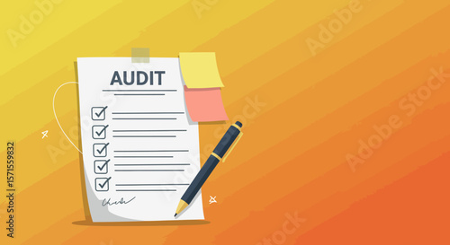 Audit Checklist: A detailed audit checklist with checkmarks and sticky notes, set against a warm orange gradient, symbolizing thoroughness and accuracy in business process evaluation.