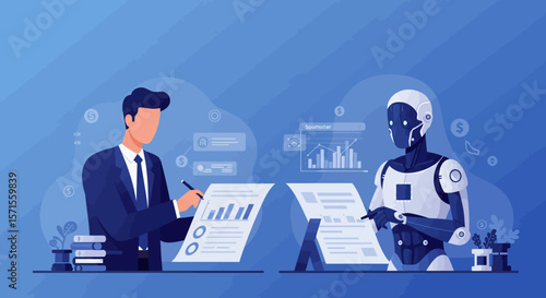 Human-Robot Collaboration in Finance: A businessman and a robot collaborate on financial documents, showcasing a future of AI-powered business solutions.