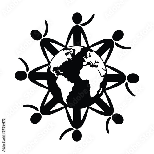 Silhouette vector of people holding hands around earth symbolizing unity in culture on black and white background