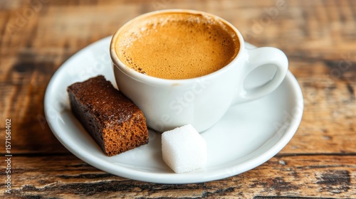 Fresh Brewed Coffee with Brown Cake and Sugar Cube on Wooden Table