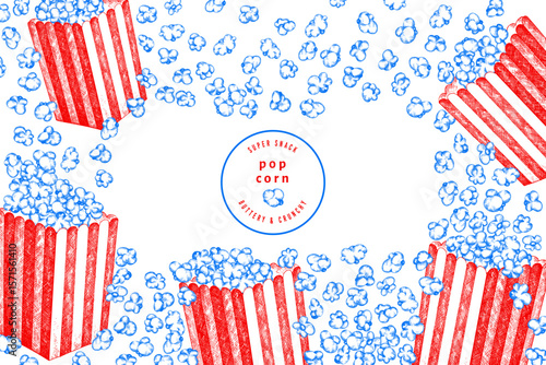 Hand Drawn Vector Pop Corn Illustration. Not AI Generated. Movie Night Background. Old Fashioned American Culture Banner. Vintage Popcorn Design Template.