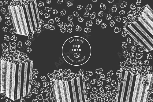 Hand Drawn Vector Pop Corn Illustration. Not AI Generated. Movie Night Chalk Board Background. Old Fashioned American Culture Banner. Vintage Popcorn Design Template.