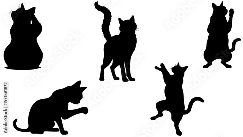 Stylish Silhouette Vector Set of Cats – Jumping, Sitting, Standing and Licking Poses