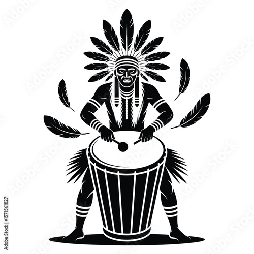 Tribal man playing ceremonial drum with feather headdress and geometric patterns in stark black and white vector style