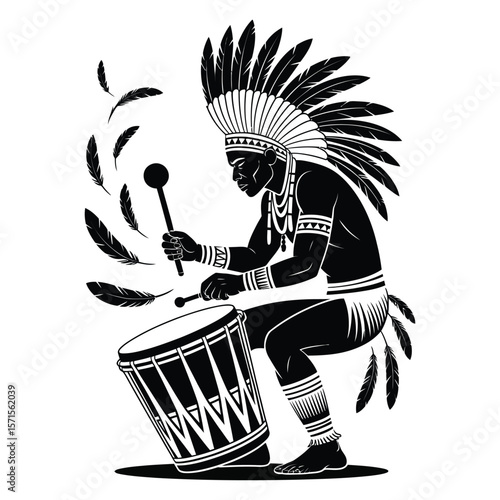 Tribal man playing ceremonial drum with feather headdress and geometric patterns in stark black and white vector style